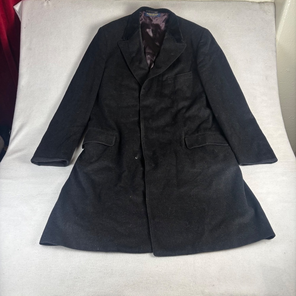 Brooks Brothers Mens Black Wool Velvet Collar Chesterfield Overcoat Size 45R